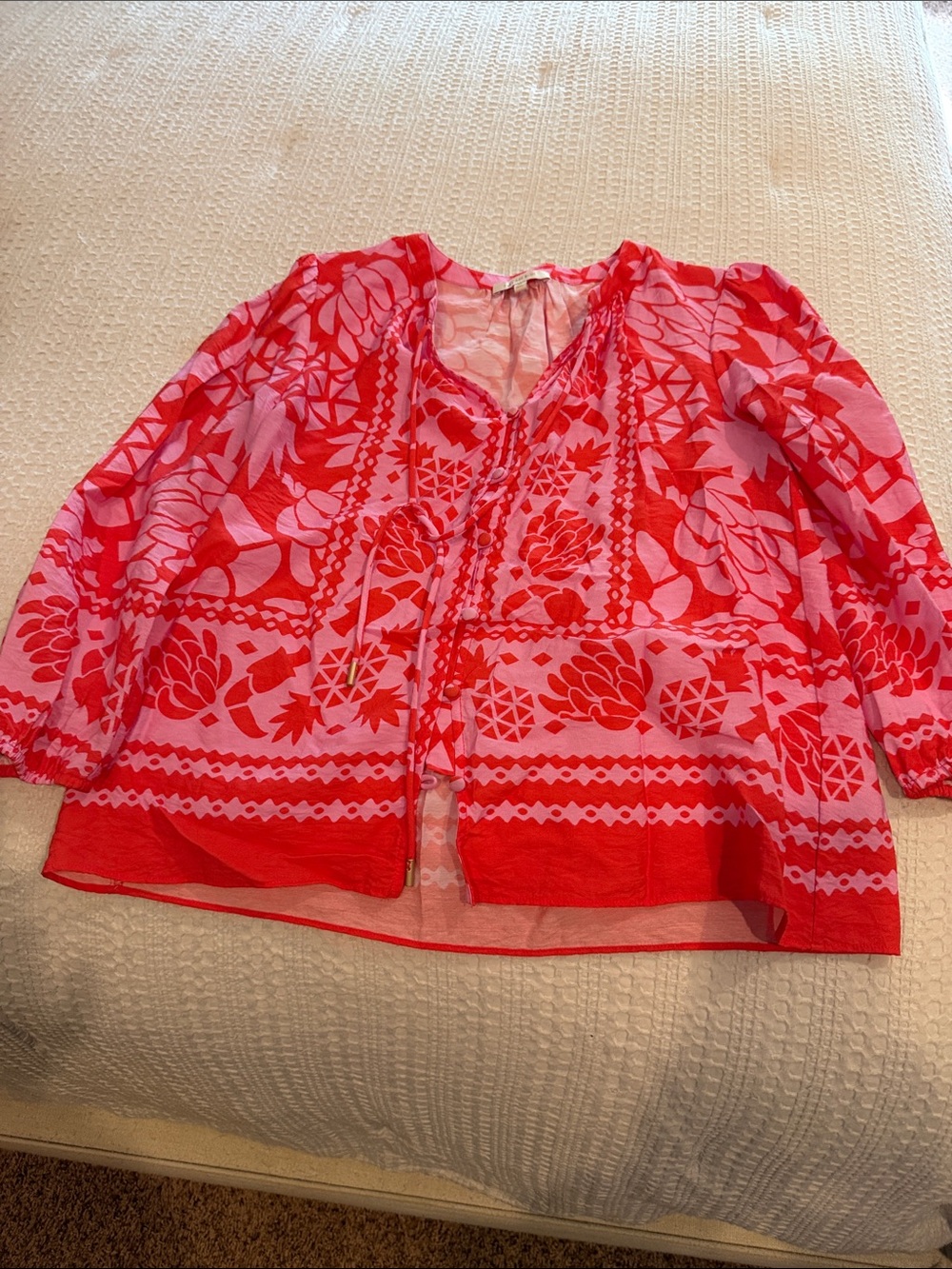 Skies Are Blue Red and Pink Floral Tie-Front Blouse